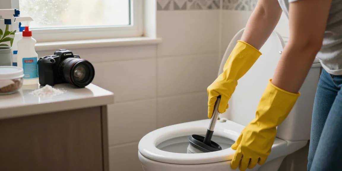 Een verstopte wc wordt behandeld door een persoon met een rubberen plunjer in een moderne badkamer.