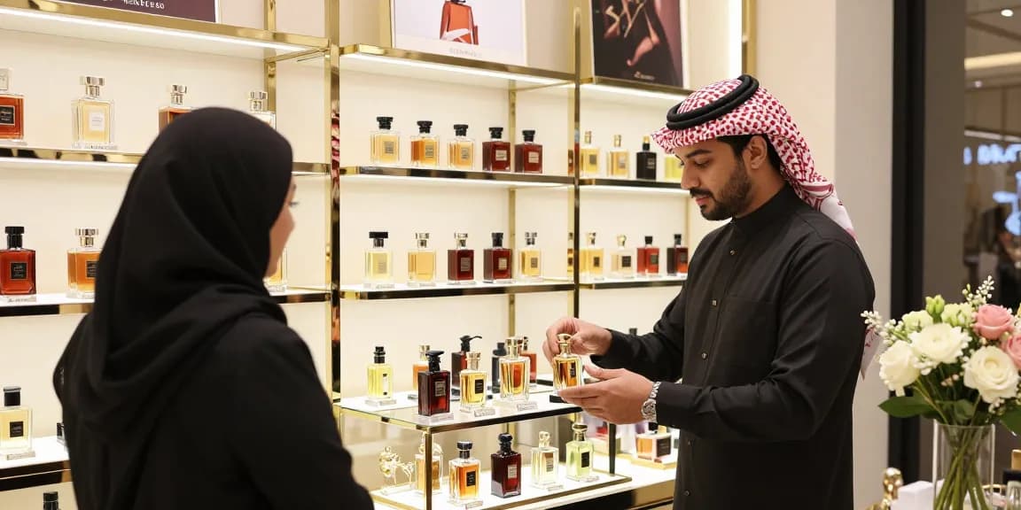 Schitterende selectie van Arabische parfums in een elegante winkelsetting met een behulpzame verkoper.