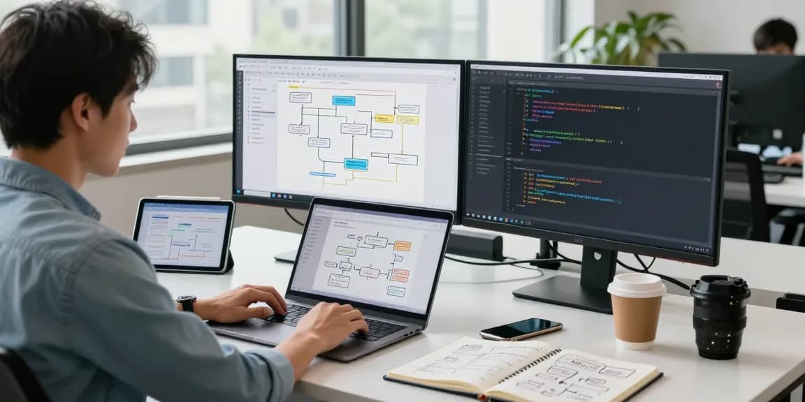 Developing internal tools with AI in a modern office workspace, showcasing collaborative tech environment.