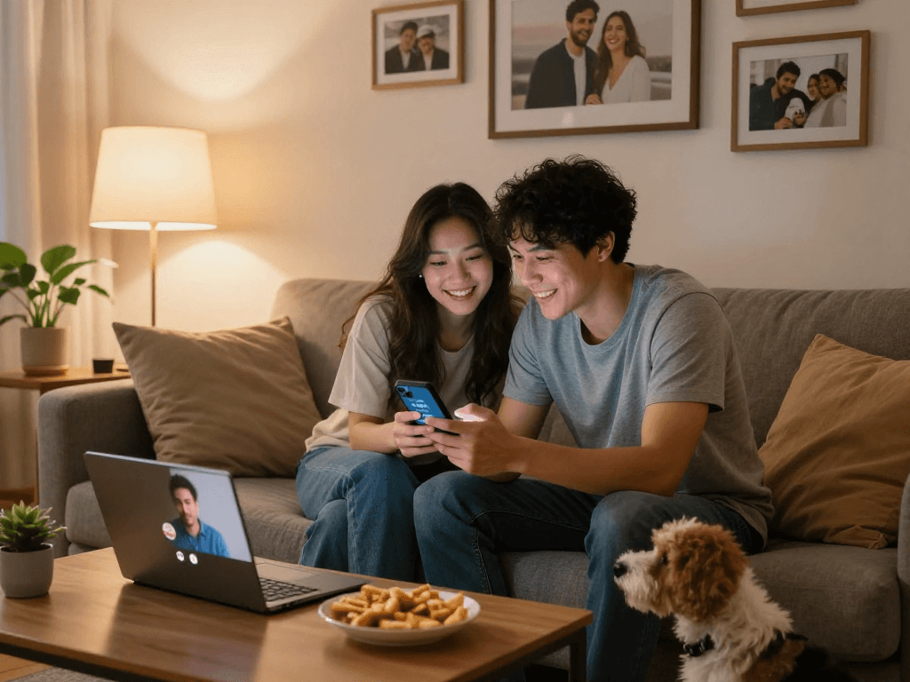 Couple engaging with https://f168.dating/ app in cozy home setting, showcasing romantic atmosphere and warmth.