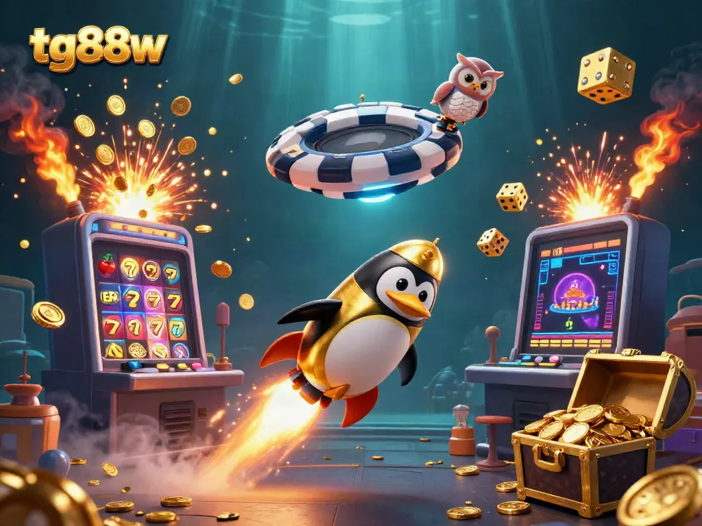 Engage with tg88w's vibrant casino world as a golden penguin rockets through a jackpot explosion.