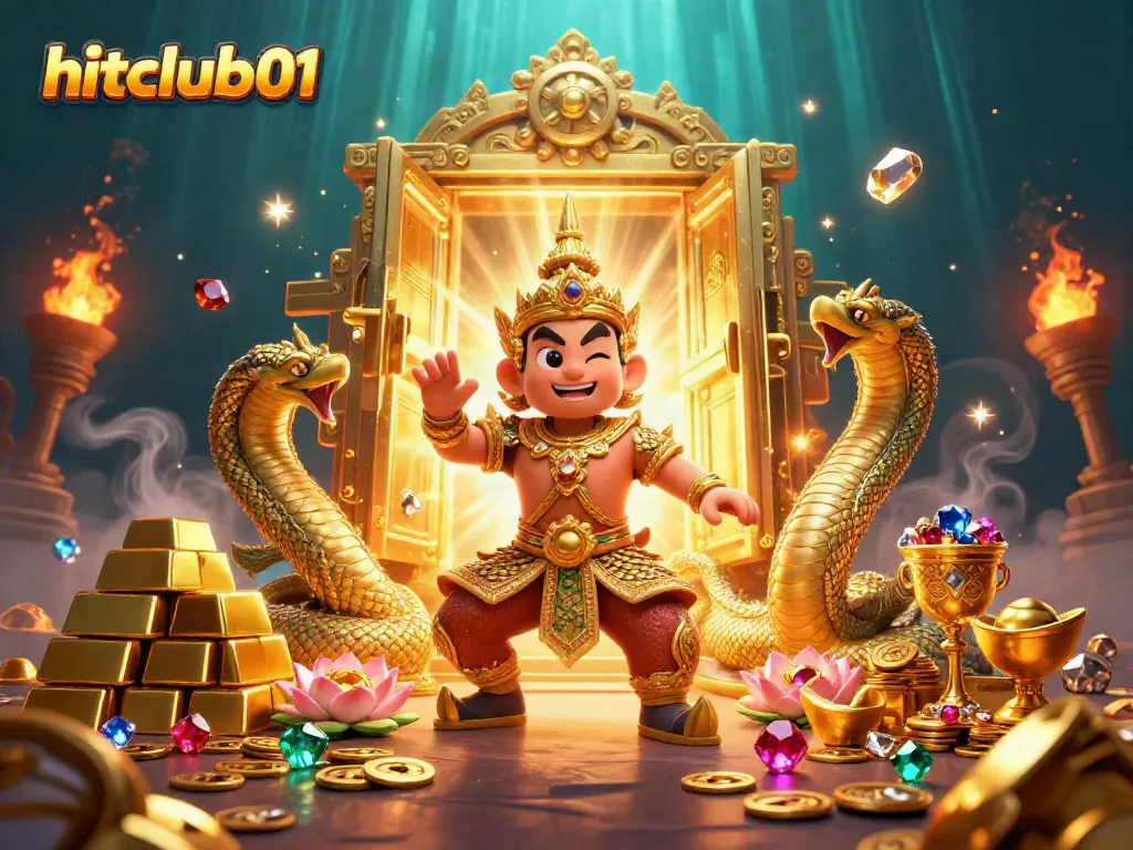 Experience the thrill of hitclub01 with 3D temple guardian characters amidst a treasure-filled casino scene.