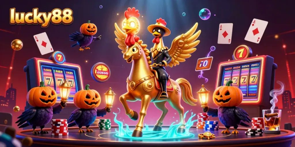 Experience the thrill of lucky88 in this vibrant casino scene packed with golden rooster characters and slot game elements.