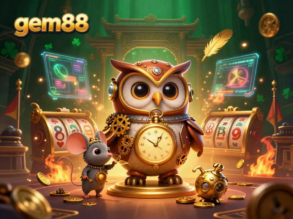 Engage with gem88's vibrant online gaming world featuring a time-traveler owl amidst casino treasures.