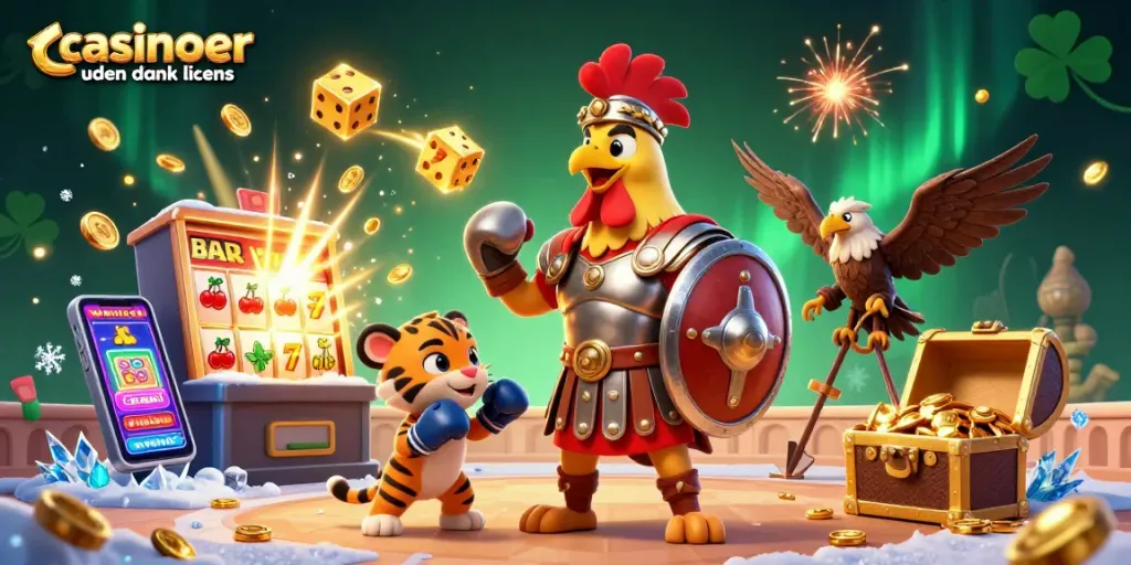 Win big at casinoer uden dansk licens with vibrant 3D illustration of a rooster gladiator and exciting game elements.