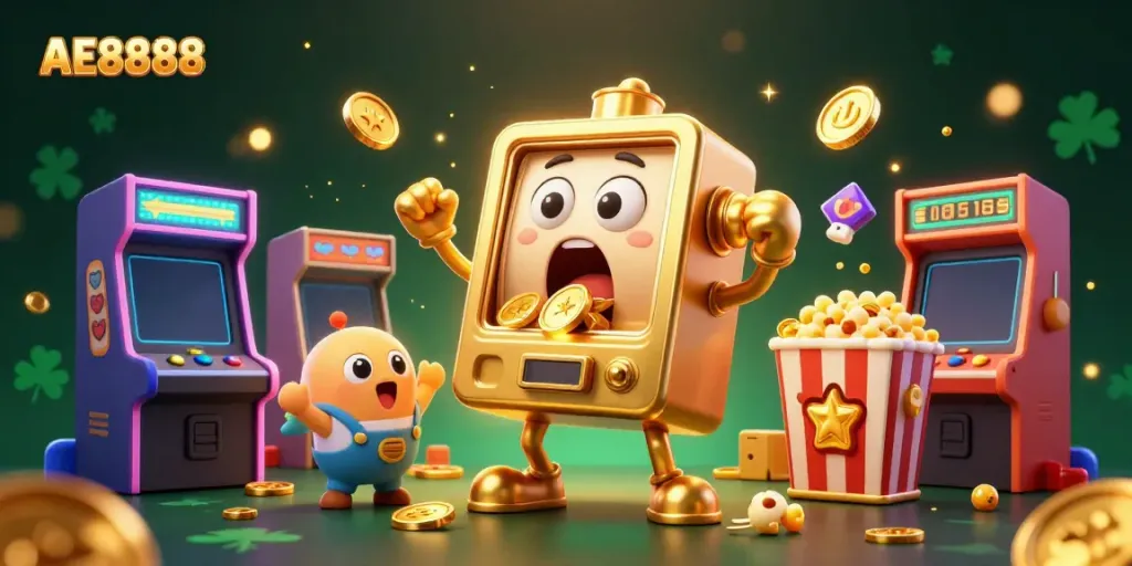 Experience the excitement of AE8888 with a golden slot machine winning a jackpot amid colorful gaming elements.