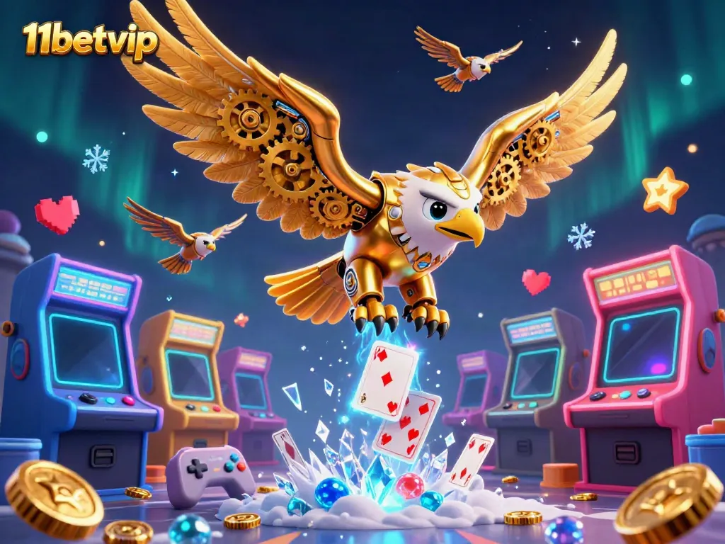 Experience the thrill of 11betvip with a cybernetic eagle amidst holographic cards and vibrant game elements.