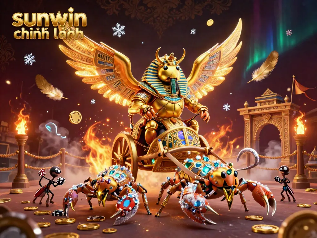 Experience the thrilling world of sunwin chính hãng featuring a golden scarab beetle and scorpions amidst a rich casino backdrop.
