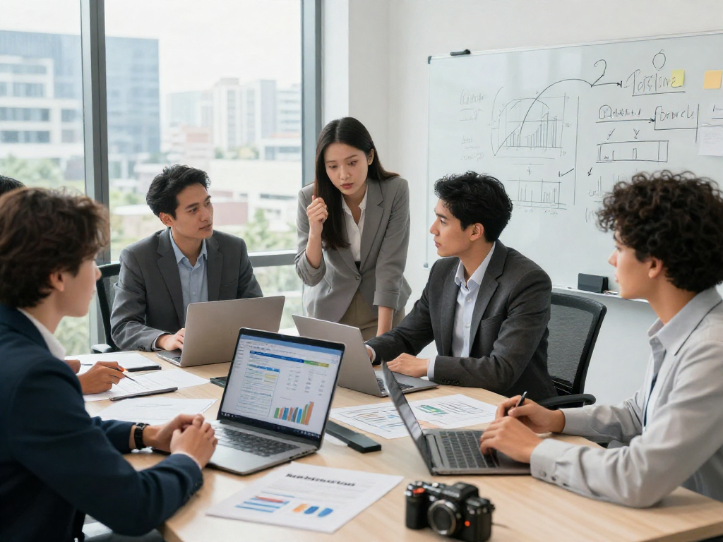 Zakelijke lening aanvraagbespreking in moderne kantooromgeving met diverse professionals.
