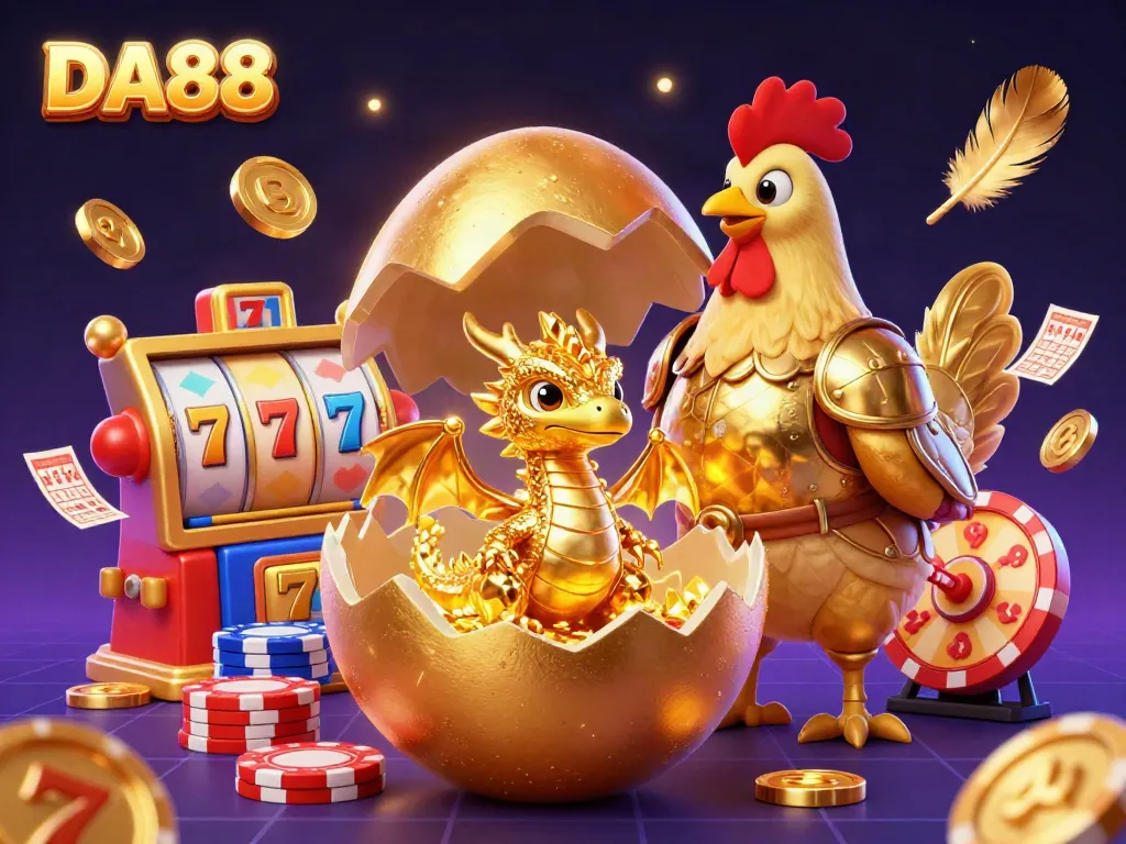 Experience the thrill of DA88 with a golden baby dragon amidst vibrant slots and casino elements.