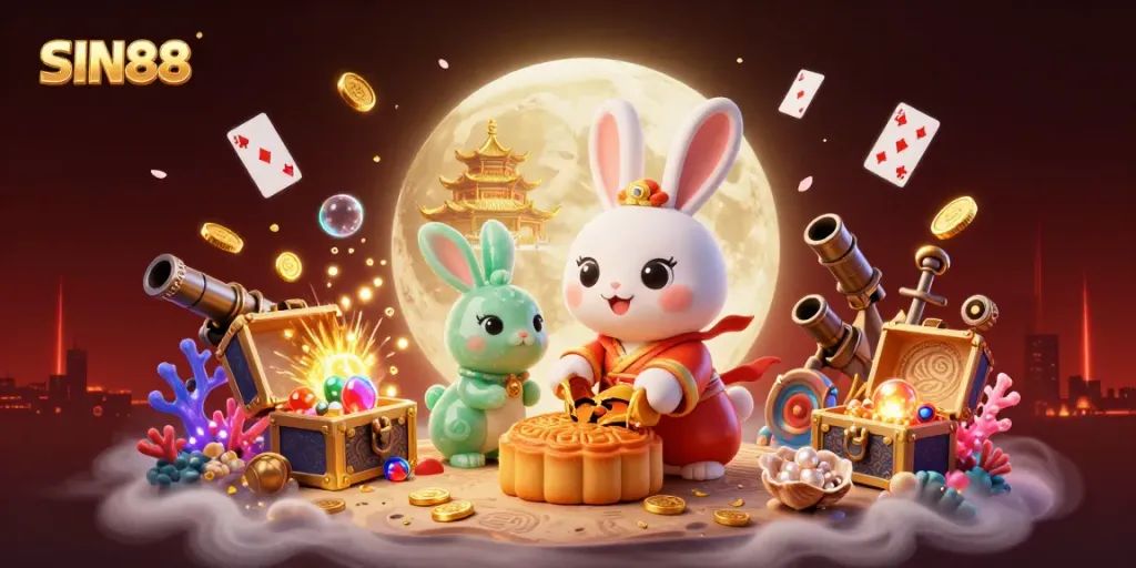 SIN88 showcases a vibrant, detailed 3D scene with a moon rabbit and poker elements, creating an engaging casino atmosphere.