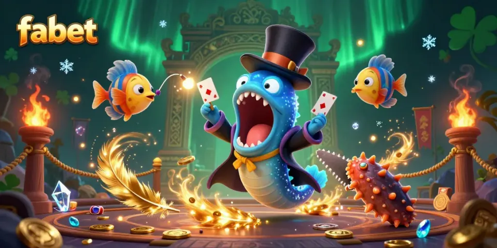 Experience magic at fabet with a gulper eel magician and anglerfish spotlighting in a dazzling casino scene.