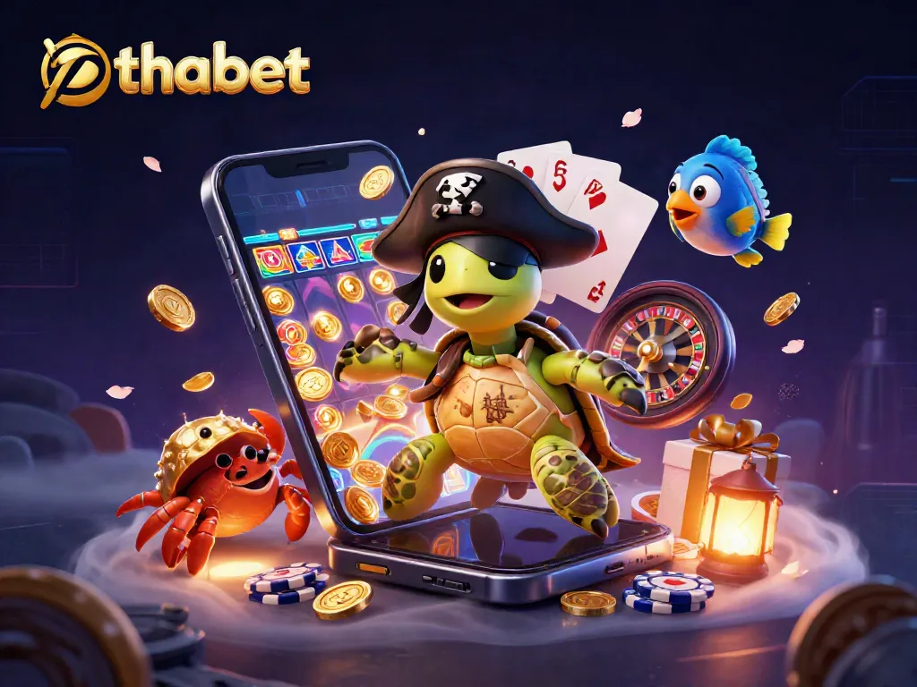 Engage with thabet in a vibrant 3D casino scene featuring a pirate turtle, treasure, and gaming elements.