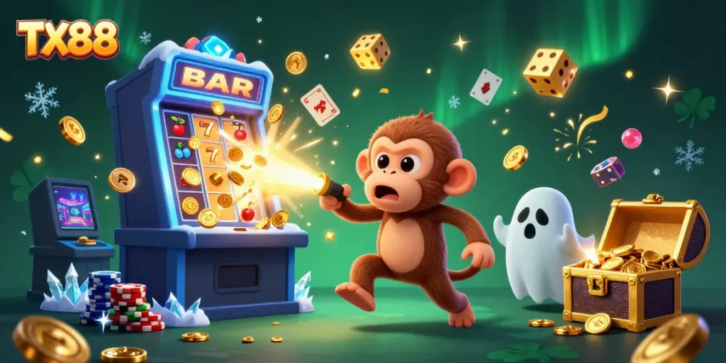 Experience the excitement of TX88 with a poltergeist monkey juggling gold in a casino.