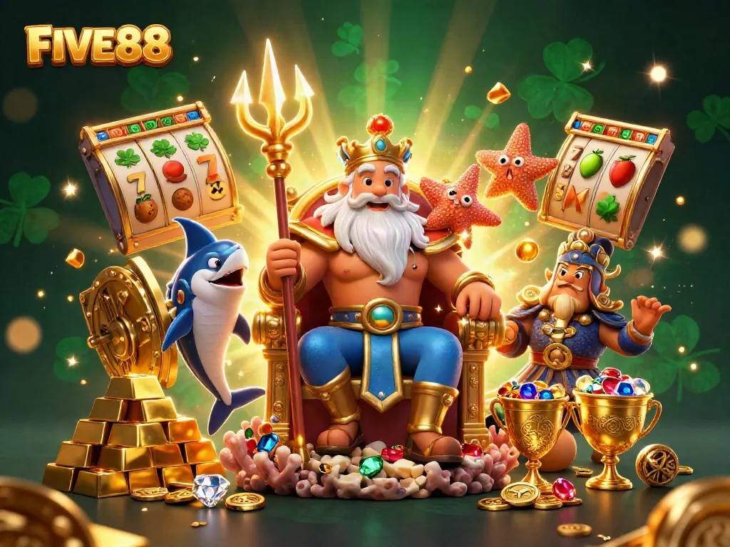 Engage with FIVE88's slots and jackpots featuring Neptune and treasure elements in a vibrant casino scene.