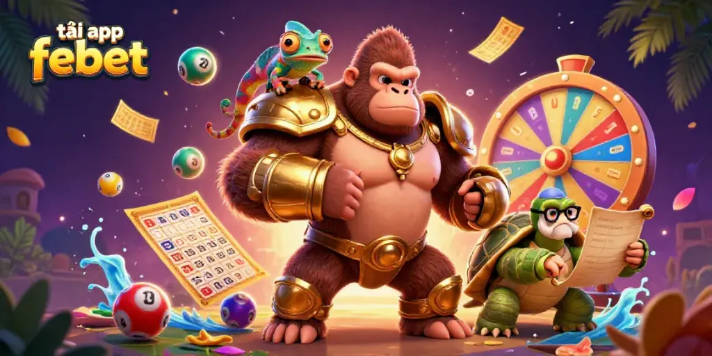 Experience excitement with the dynamic scene highlighting tải app febet, featuring vibrant lottery elements and engaging 3D characters.