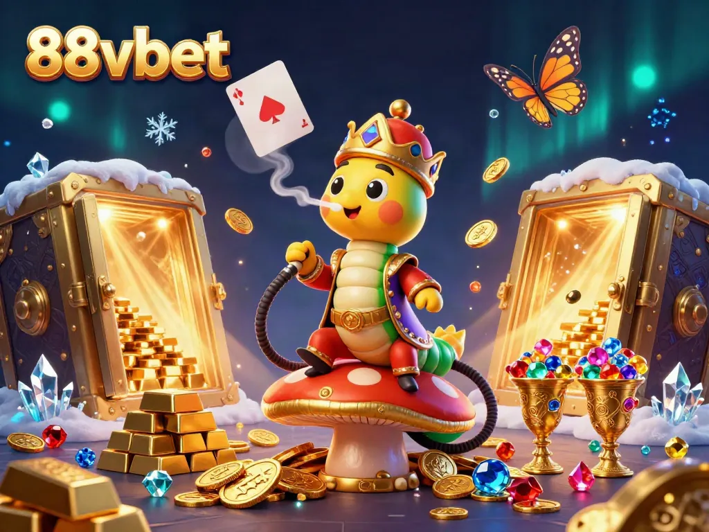 Engage with the lively 88vbet scene showcasing poker hands and golden treasures in a whimsical atmosphere.
