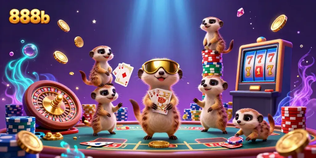 Join the playful meerkats of 888b in a vibrant casino scene, sneaking chips and spinning roulette wheels.