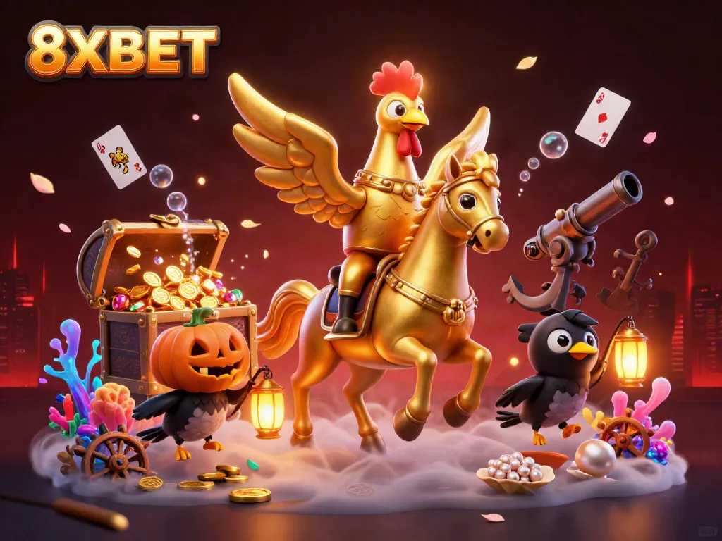Experience exciting adventures with 8XBET in this vibrant casino scene, featuring unique characters and gaming elements.