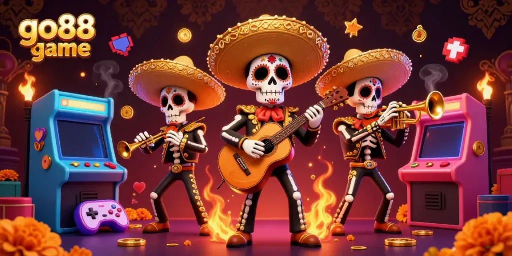 Engage in dynamic gameplay with go88 game featuring colorful Day of the Dead mariachi band amidst vibrant gaming elements.