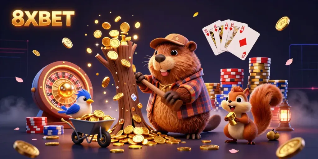 Engage with 8XBET's vibrant world of gaming through a whimsical illustration of a lumberjack beaver, bird, and squirrel collecting coins amidst casino elements.