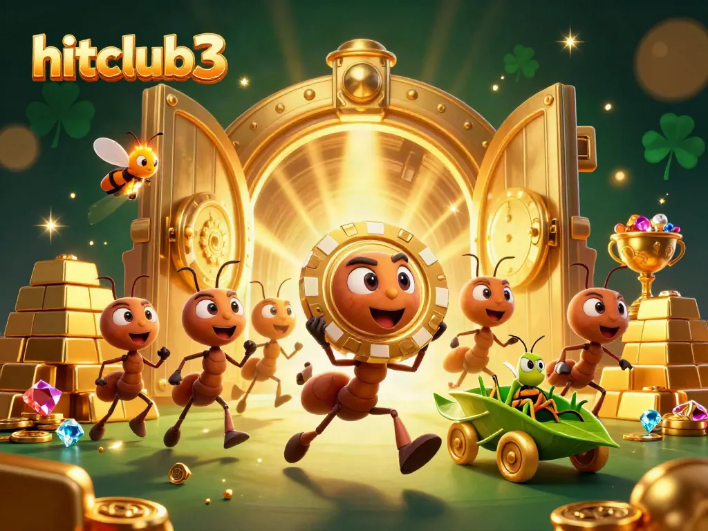 Experience thrilling wins at hitclub3 with cartoon ants heisting a giant poker chip amidst treasure in a vibrant casino.