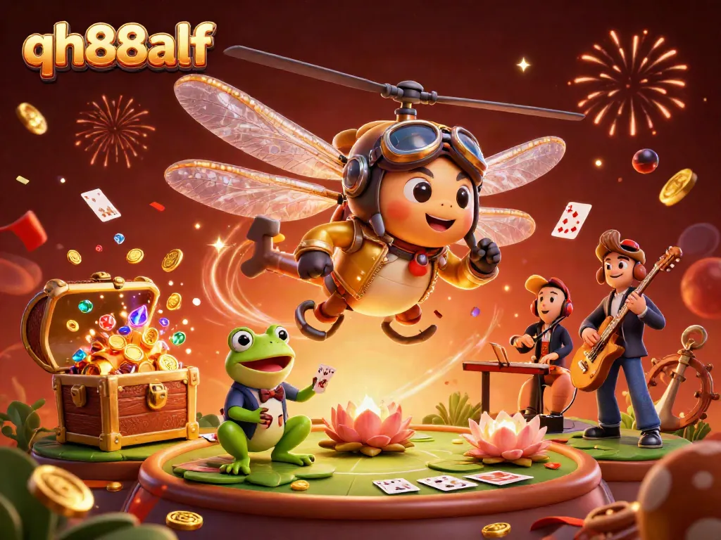 Engage with qh88alf's thrilling 3D gaming experience featuring a dragonfly pilot and frog croupier.