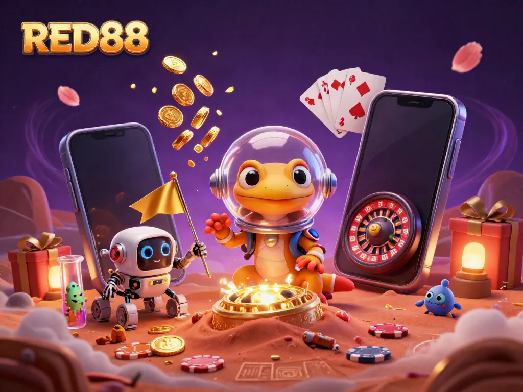 Engage with RED88's thrilling gaming adventure in a vibrant alien casino scene.