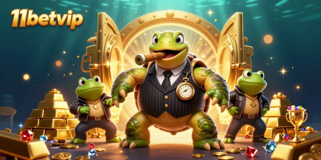 Experience thrilling wins with 11betvip in this vibrant casino scene featuring dynamic characters and dazzling treasures.