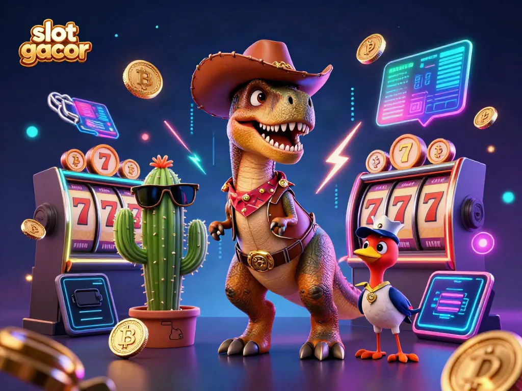 Engage with exciting slot gacor scenes featuring a T-Rex cowboy in a vibrant casino kingdom.
