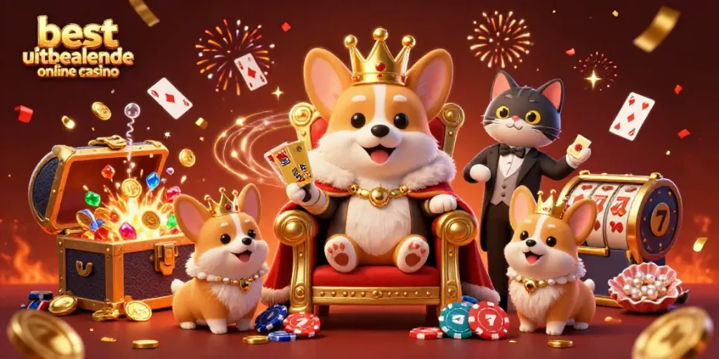 Experience the best uitbetalende online casino with a royal corgi and vibrant gaming elements.
