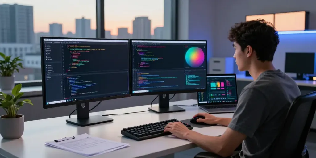 Professional developer using Trackbase analytics in a modern tech workspace.