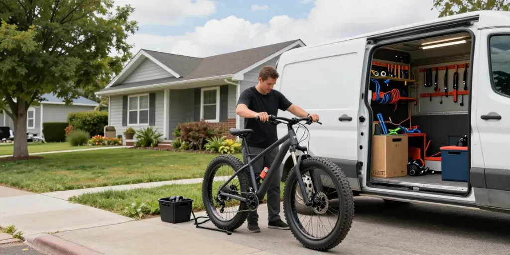 Fatbike reparatie door een mobiele monteur voor een huis met een goed onderhouden tuin