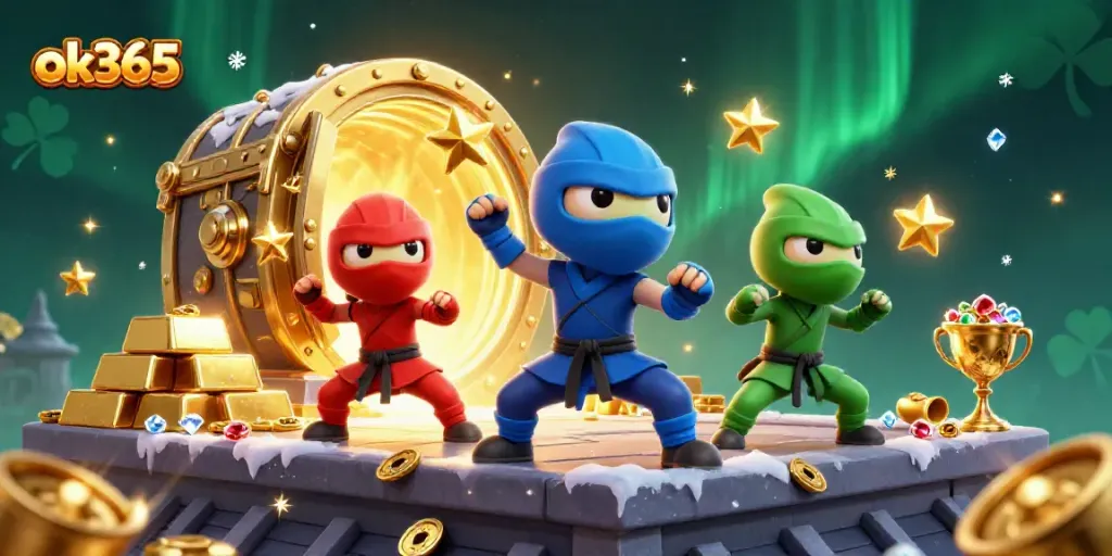 Experience thrilling adventures at ok365 with colorful chameleon ninjas and treasure in a dynamic casino scene.