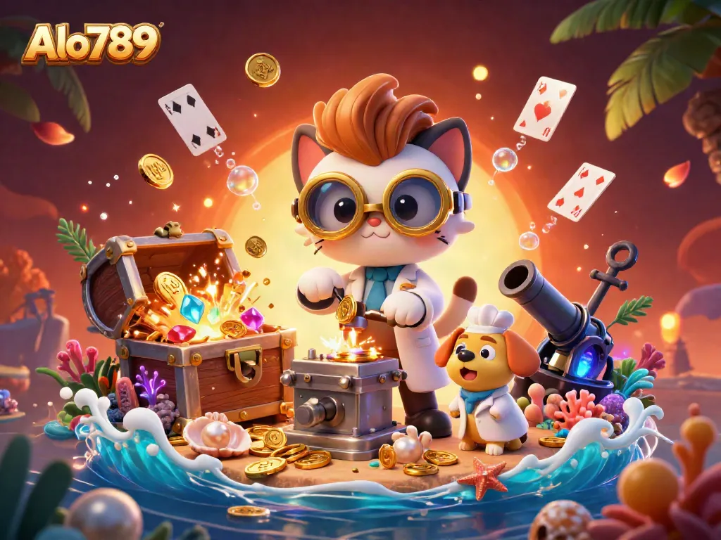 Alo789 engages players with vibrant underwater treasures and casino elements in a dynamic game scene.