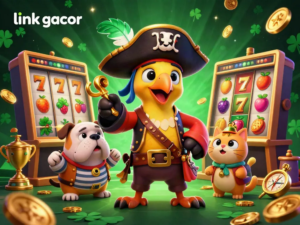 Spin the reels at link gacor with this vibrant 3D casino illustration featuring pirate characters and gaming elements.
