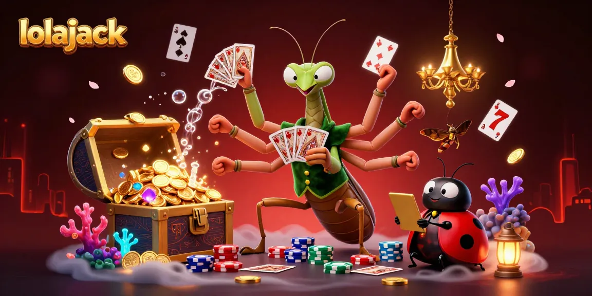 Experience the lolajack thrill with a vibrant casino scene featuring a giant praying mantis card sharp.