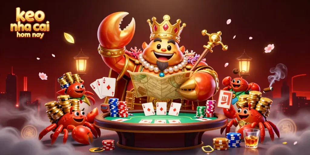 Engage with keo nha cai hom nay through a vibrant cartoon scene featuring a golden crab emperor and poker elements.