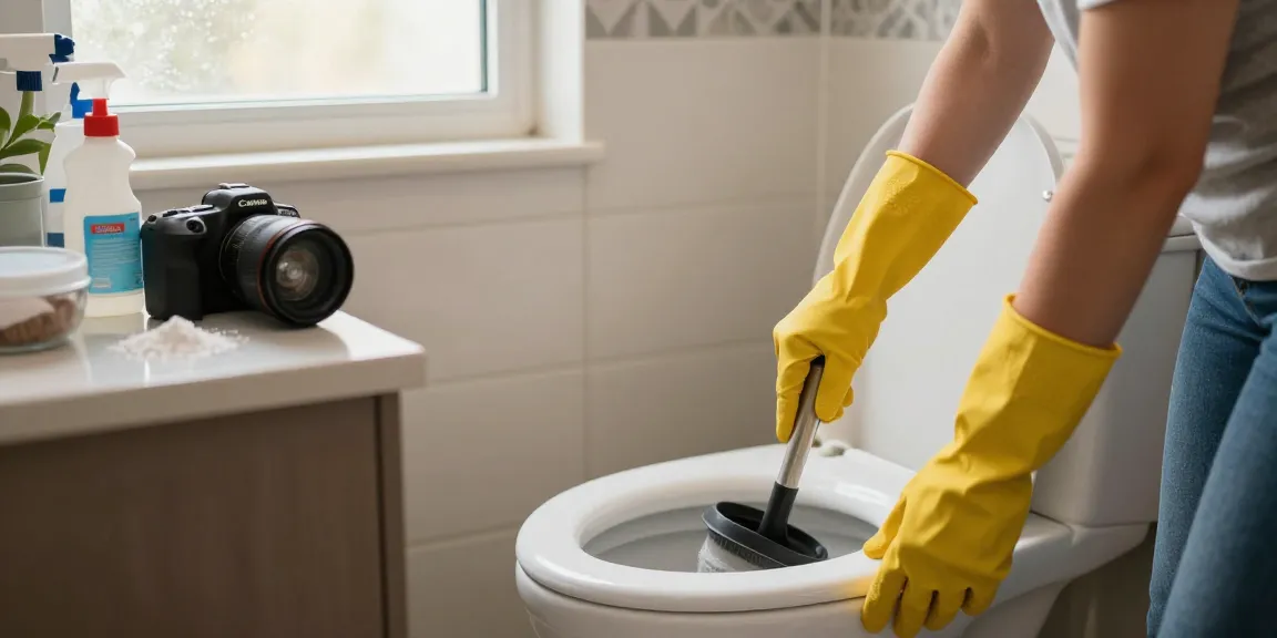 Een verstopte wc wordt behandeld door een persoon met een rubberen plunjer in een moderne badkamer.