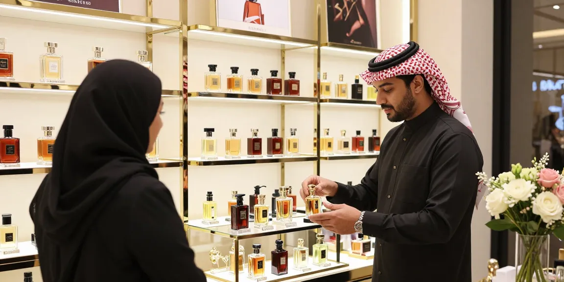 Schitterende selectie van Arabische parfums in een elegante winkelsetting met een behulpzame verkoper.