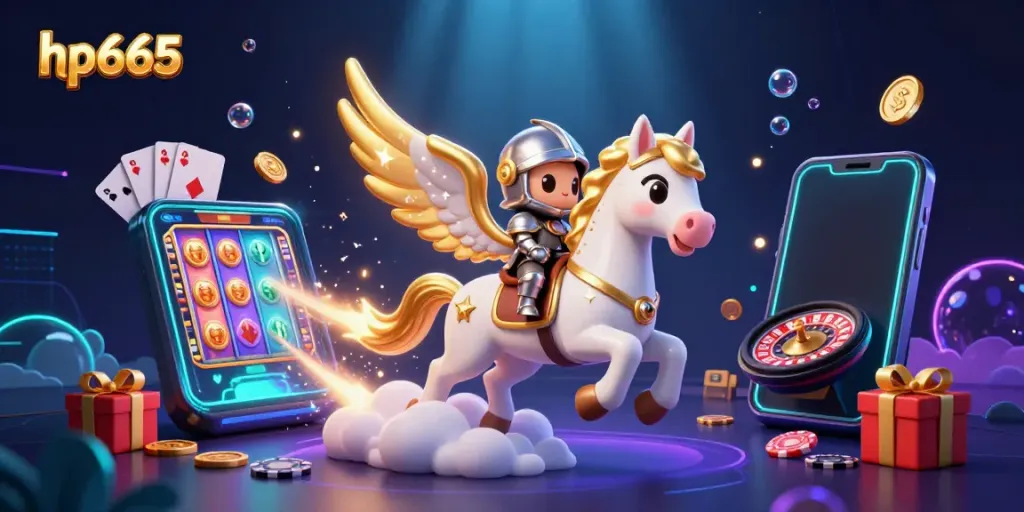 Experience the excitement of hp665 as knights ride celestial horses amidst vibrant casino elements.