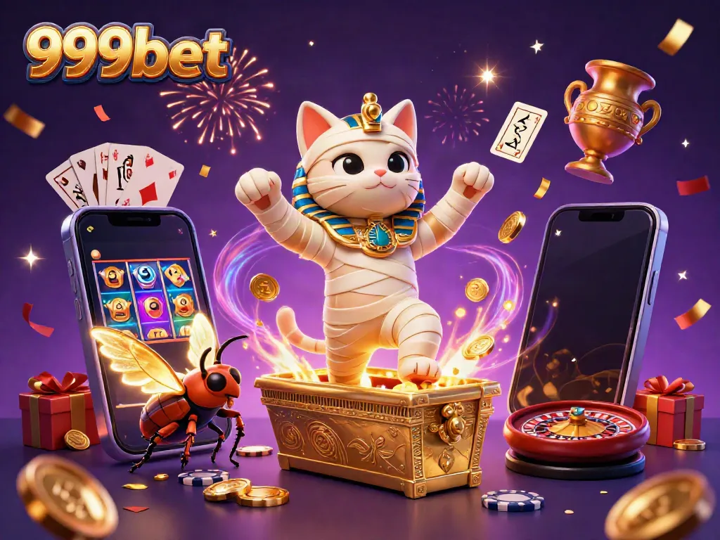 Experience exciting gaming with 999bet as a cartoon mummy and scarab unveil captivating casino treasures.