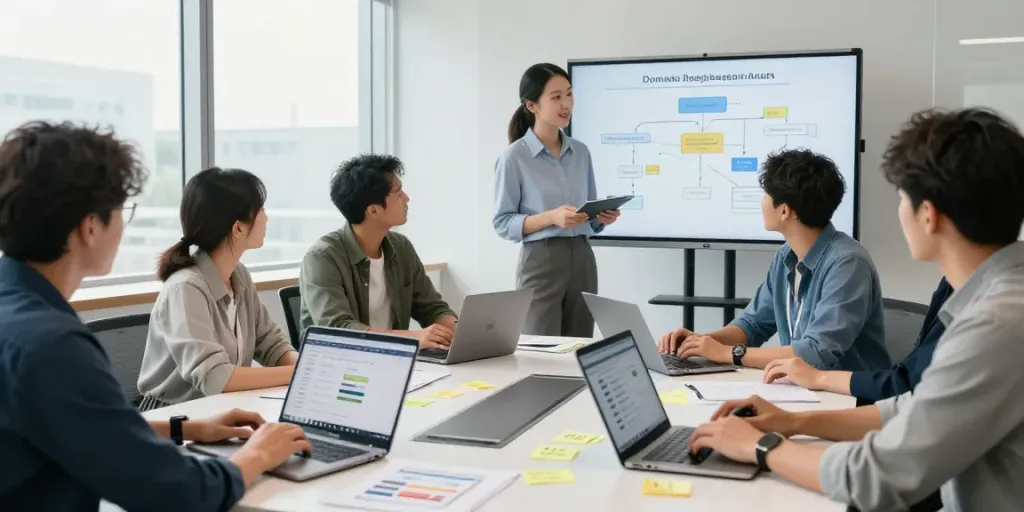 Team brainstormt over domeinnaam registreren in moderne werkomgeving