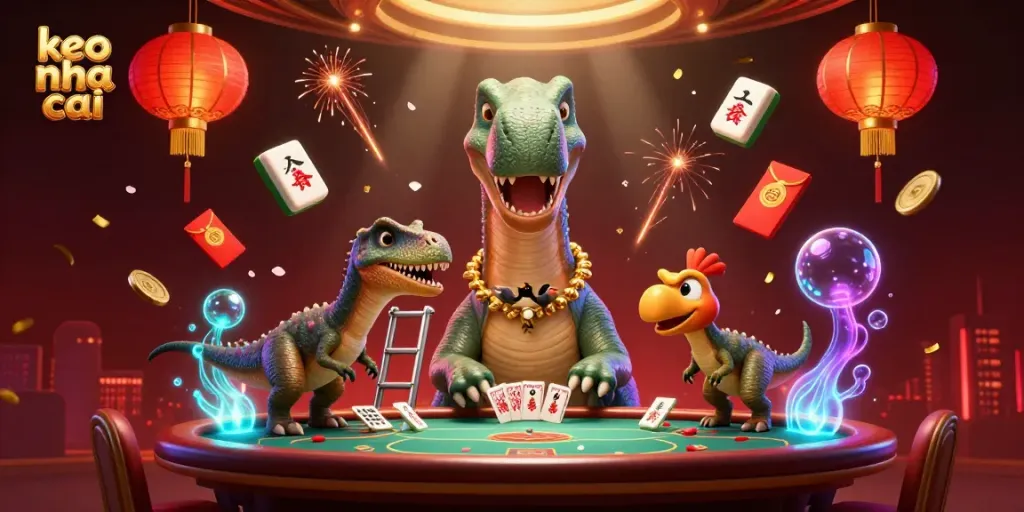 Experience the excitement of sports betting with keo nha cai as a dinosaur looks down at a poker game below.