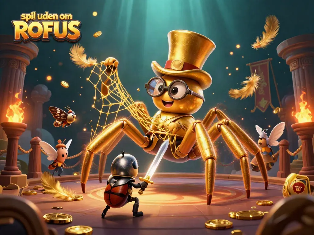 Engage with spil uden om ROFUS as a brave beetle knight faces the golden tarantula in a vibrant casino scene.