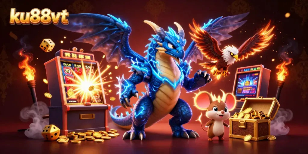 Experience thrilling gameplay at ku88vt with a vibrant cartoon illustration featuring dynamic casino elements.