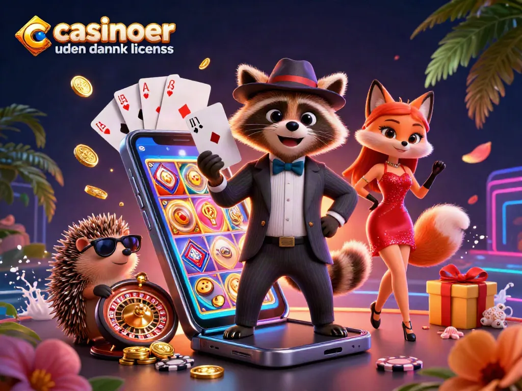 Engaging 3D illustration showcasing casinoer uden dansk licens with a raccoon holding a royal flush and vibrant gambling elements.