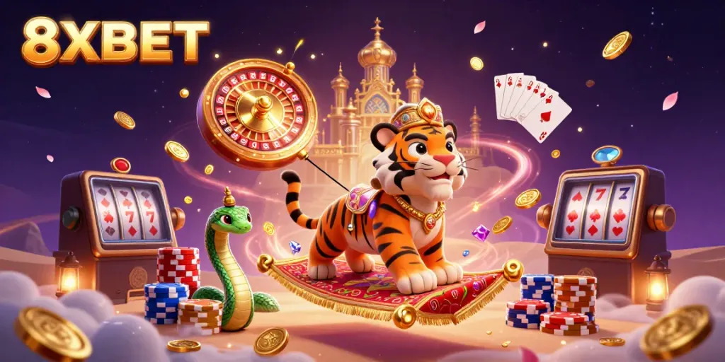 Experience thrilling gaming adventures at 8XBET with captivating 3D illustrations of vibrant casino elements.