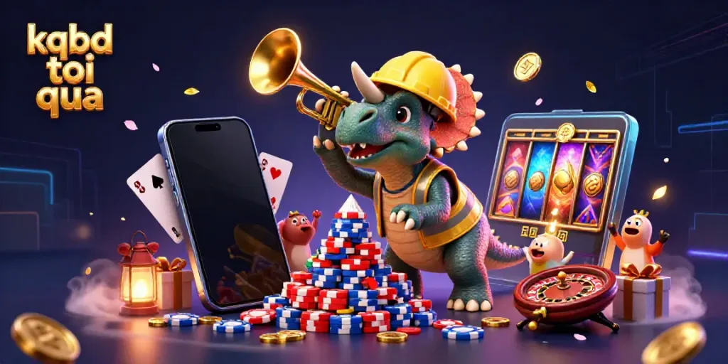 kqbd toi qua energetic scene with a triceratops and gaming elements celebrating wins