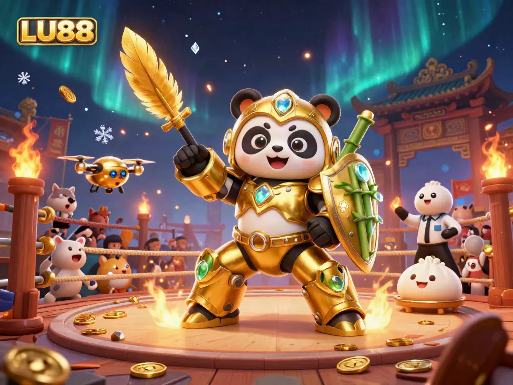 Experience thrilling LU88 gameplay with a mech-suit panda in a vibrant 3D casino arena